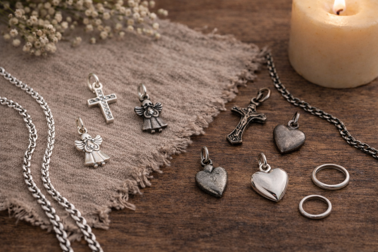 Hopeariipuksia ja ketjuja puupöydällä pellavaliinan päällä. Kuvassa risti, sydän, enkeli, sormuksia sekä sekä kirkkaita että tummuneita hopeakoruja.