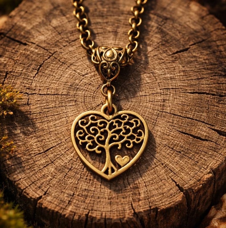 Pronssinvärinen elämänpuu kaulakoru sydämenmuotoisella riipuksella puupinnan päällä
