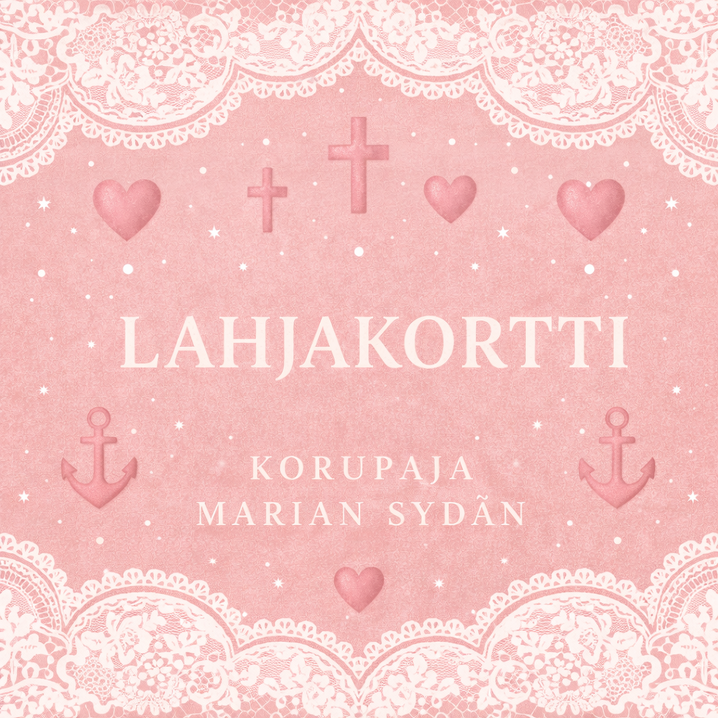 Lahjakortti Korupaja Marian sydän – vanha roosa pitsitausta, sydämiä, ristejä ja ankkureita, teksti Lahjakortti.