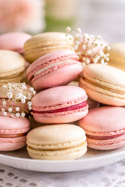 Macarons leivoksia rippijuhlan tarjoilupöydässä vaaleanpunaisissa ja vaaleissa sävyissä