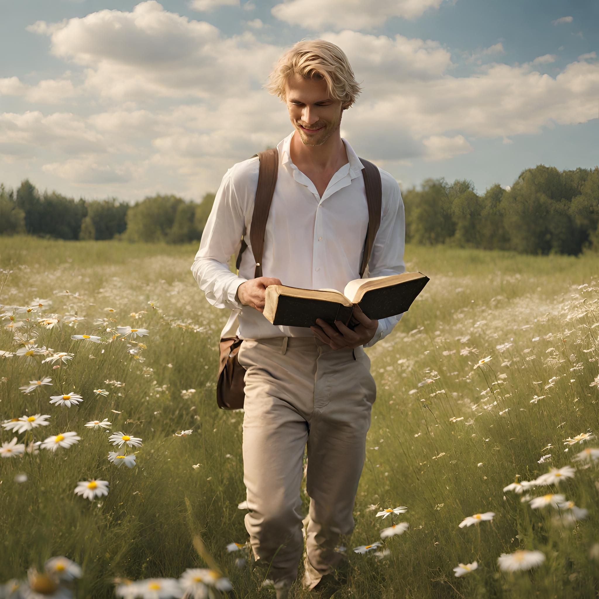 Vaalea mies valkoisessa paidassa ja beigessä asussa kävelee niityllä päivänkakkaroiden keskellä, pitää avointa Raamattua käsissään ja hymyilee. Kuvassa korostuu luonnollinen, vapaa ja ajatuksellinen tunnelma – inspiraatio miesten koruille.