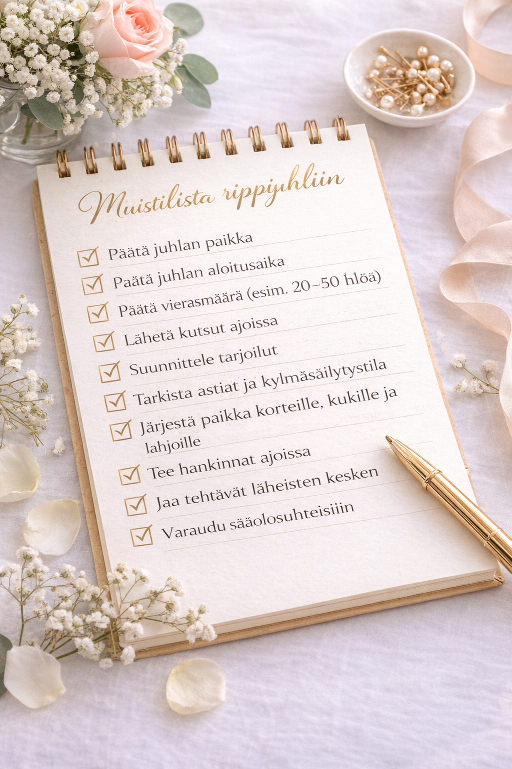 Rippijuhlan muistilista vihko, jossa lista rippijuhlan järjestämiseen liittyvistä tehtävistä