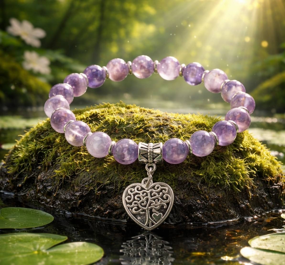 Ametistihelmirannekoru elämänpuu riipuksella sammaleisella kivellä veden äärellä