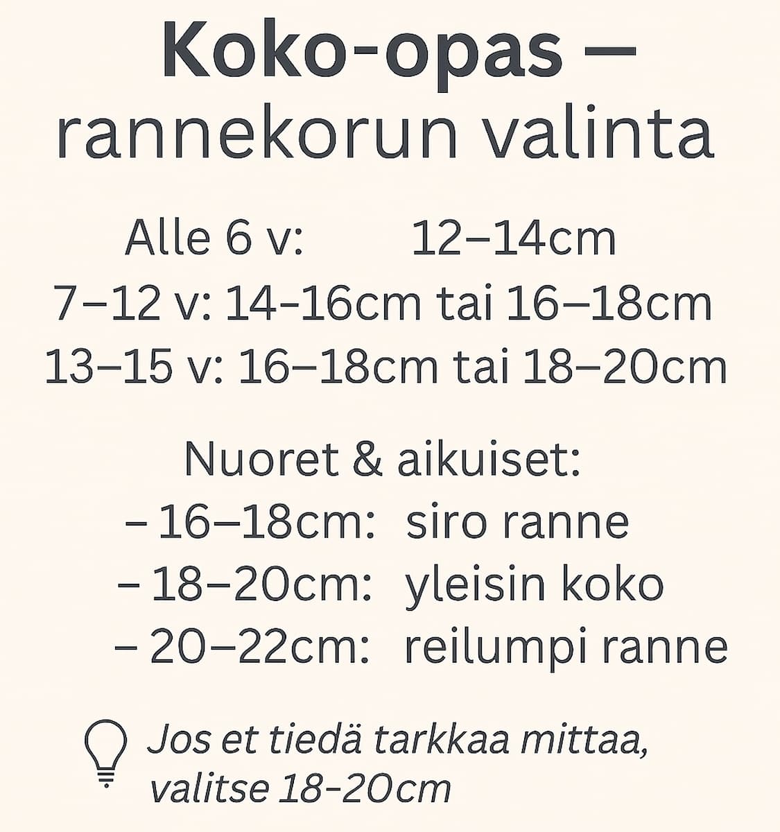 Koko-opas rannekorun valintaan eri ikäryhmille: lasten, nuorten ja aikuisten suositellut rannekorukoot senttimetreinä sekä vinkki valita 18–20cm, jos mitta ei ole tiedossa.