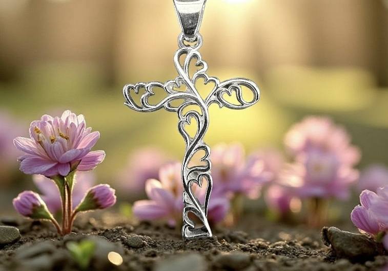 Hopeinen ristiriipus, jossa sydänkuvioinen köynnösdesign, asetettuna maahan kukkien keskelle.