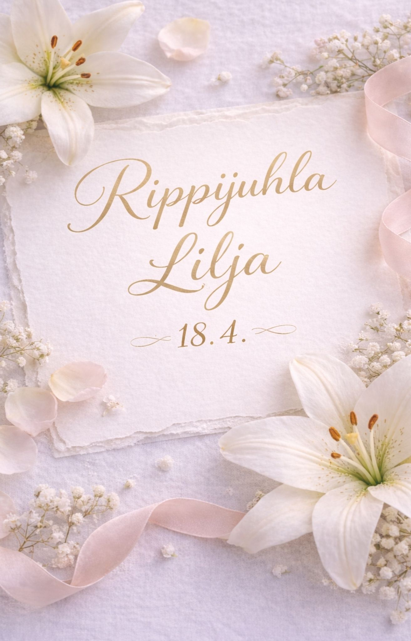 Rippijuhlan kutsukortti Lilja 18.4., ympärillä valkoisia kukkia ja vaaleanpunainen nauha