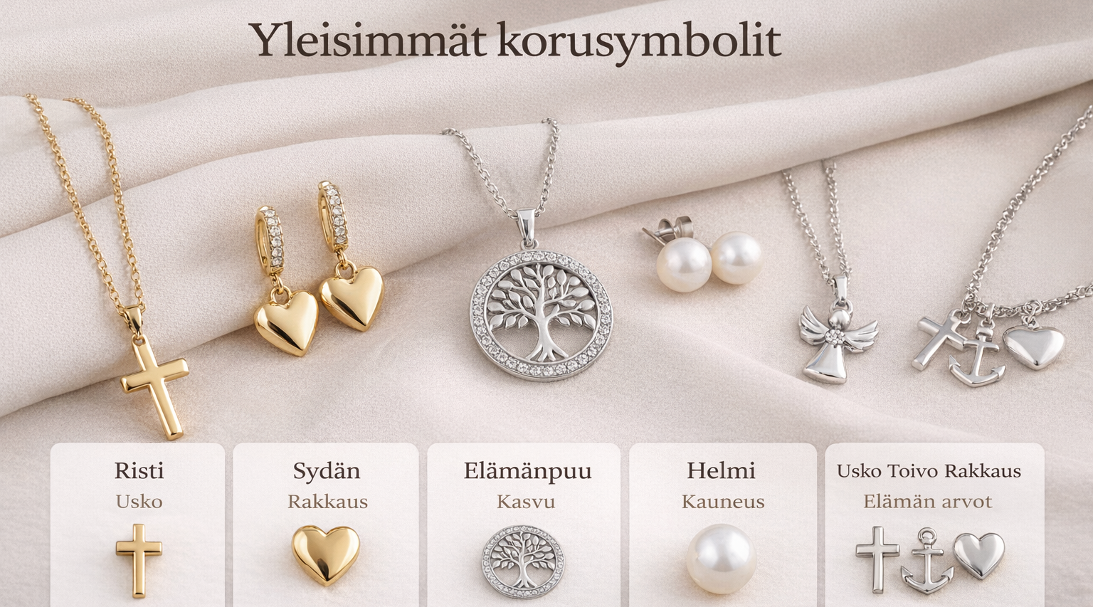 Yleisimmät korusymbolit: risti, sydän, enkelinsiivet, helmi, elämänpuu, usko-toivo-rakkaus