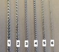 1. Litistetty panssariketju 4mm, 2. Figaroketju 4mm, 3. T&auml;hk&auml;ketju 3mm, 4. Box-ketju 2mm, 5. Litistetty panssariketju 3mm, 6. Litistetty panssariketju 1,5mm