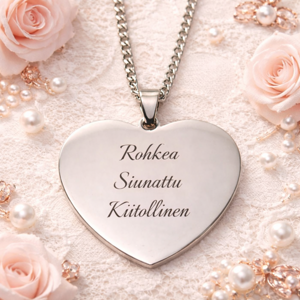 Hengellinen tekstikaulakoru &ndash; syd&auml;nkoru 3cm ja syd&auml;nsiivet 6cm