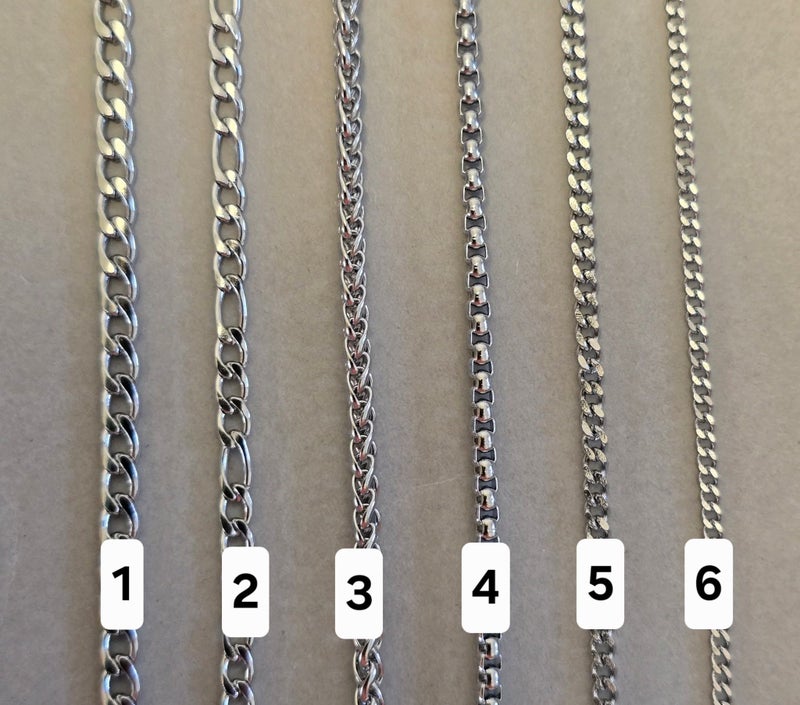1. Litistetty panssariketju 4mm, 2. Figaroketju 4mm, 3. T&auml;hk&auml;ketju 3mm, 4. Box-ketju 2mm, 5. Litistetty panssariketju 3mm, 6. Litistetty panssariketju 1,5mm