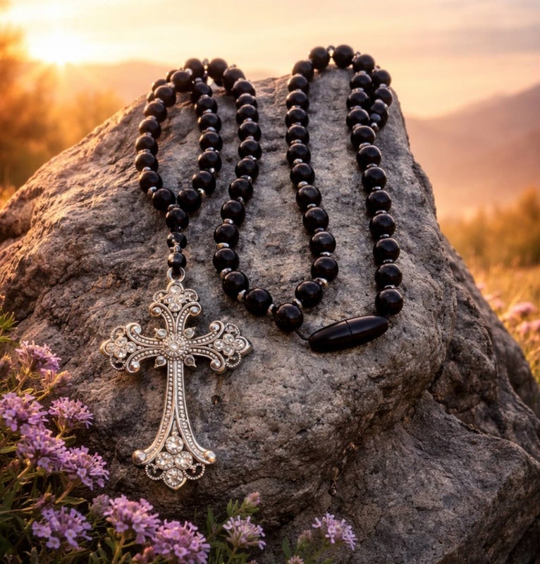 Lasihelmet 8mm mustat ja 6cm strassiristi